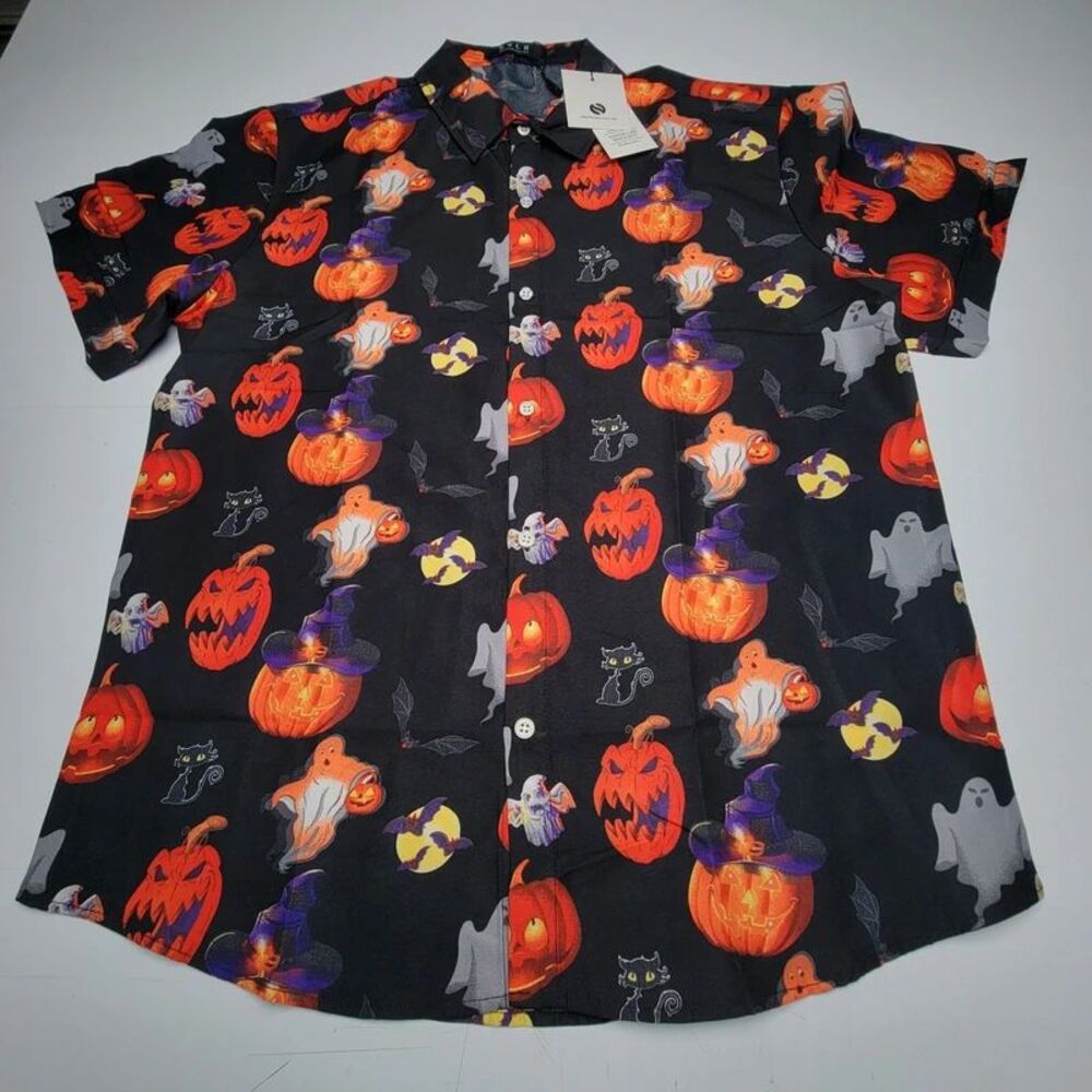 SSLR Mens Halloween Hawaiian Shirt Small Button Up Spooky Pumpkin Print New